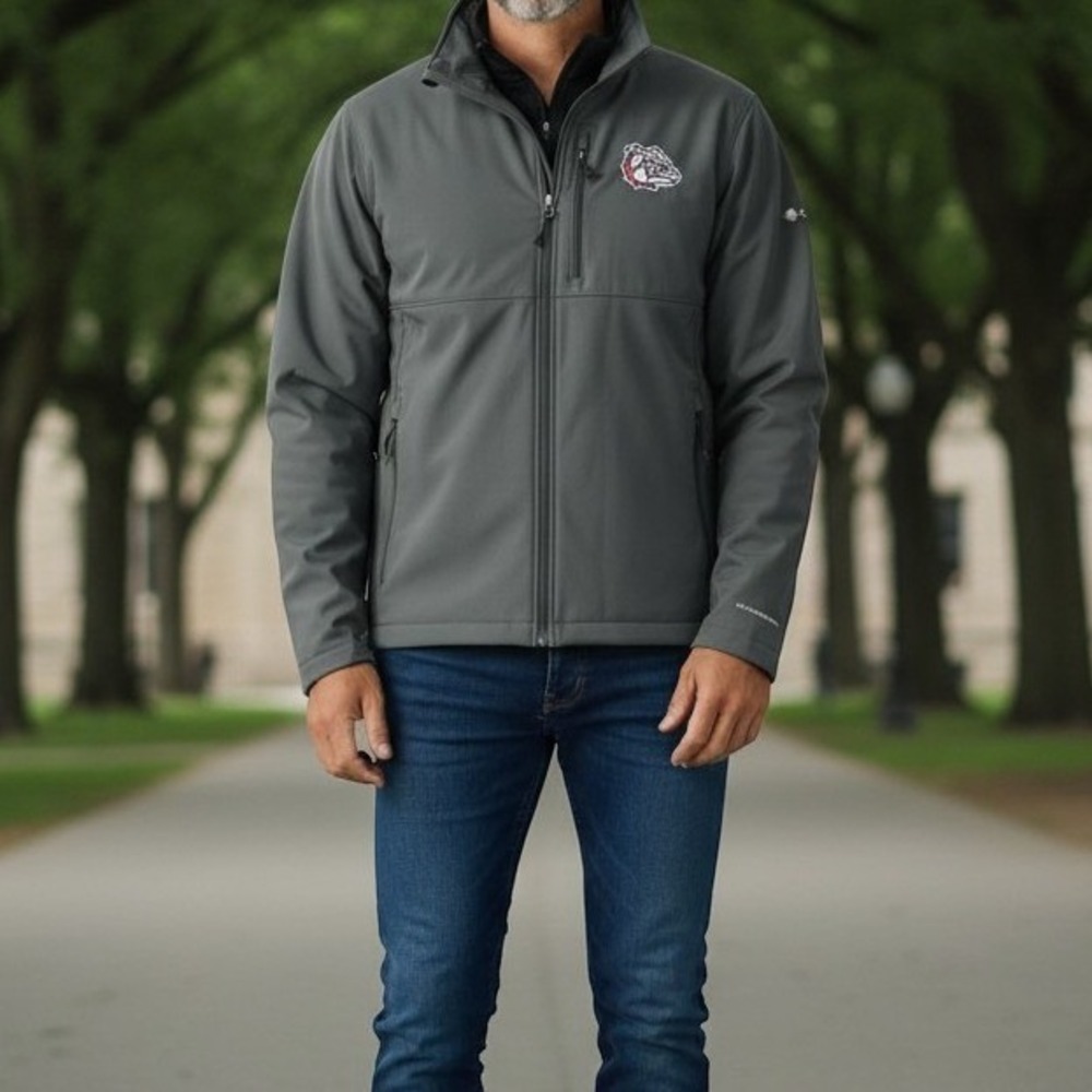 Columbia Mens XL Gray Softshell Jacket Full Zip Bulldog Mascot Fleece Lined